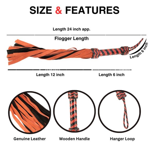 Premium Leather 20-Tail Flogger | Red & Black Heavy-Duty Impact Toy - Picture 6 of 9